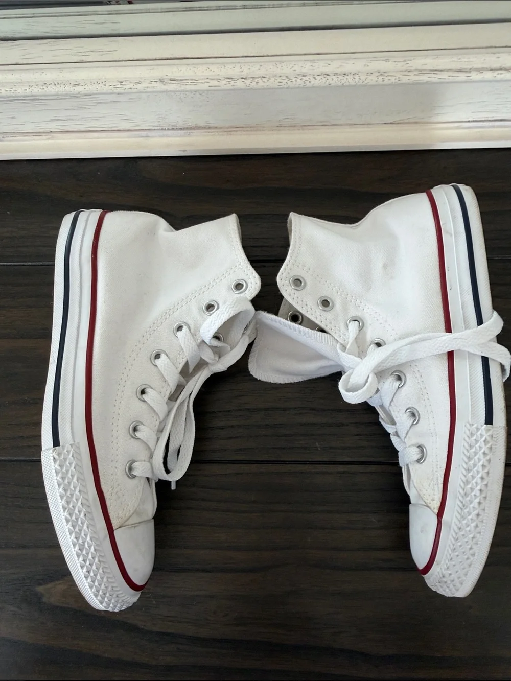 Converse Kids White High Top Sneakers with Red and Navy Trim - Picture 4 of 6